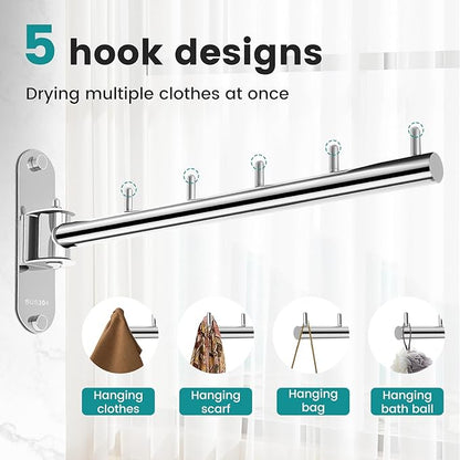 Wall Mounted Clothes Hanger Rack Swing Arm, Folding Clothes Hanger Space Saving Drying Rack Stainless Steel Laundry Room Valet Hook Holder Foldable Hanging Hook Rod for Laundry Closet Bedroom