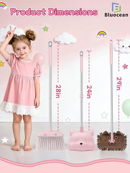 28'' Kids Mini Broom with Dustpan & Mop Set - Toddler Cleaning Toy, Toddler Household Helper, Parent-Child Interactive Play Cleaning Tool, Cute Cartoon Design, Small Safe Corner Broom (Pink)