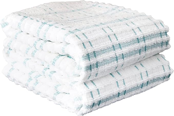 Ritz Royale Collection 100% Combed Terry Cotton, Highly Absorbent, Oversized Kitchen Towel Set, 28" x 18", 2-Pack, Checked, Dew
