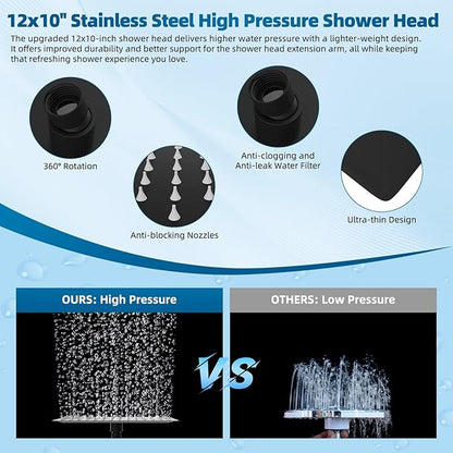 Hibbent All Metal cUPC Certified Shower Head, 12'' High Pressure Rain Shower Head, Handheld Showerhead Combo with 16'' Adjustable Extension Arm, 10 Sprays, 71'' Hose, Showerhead Holder, Matte Black