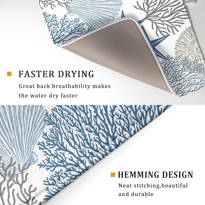 Summer Coastal Dish Drying Mats for Kitchen Counter 16x18 Inch Sea Shells Starfish Drying Mat High Absorbent Reversible Kitchen Mat Blue Coral Ocean Themed Dishes Pad for Countertop Tableware Decor