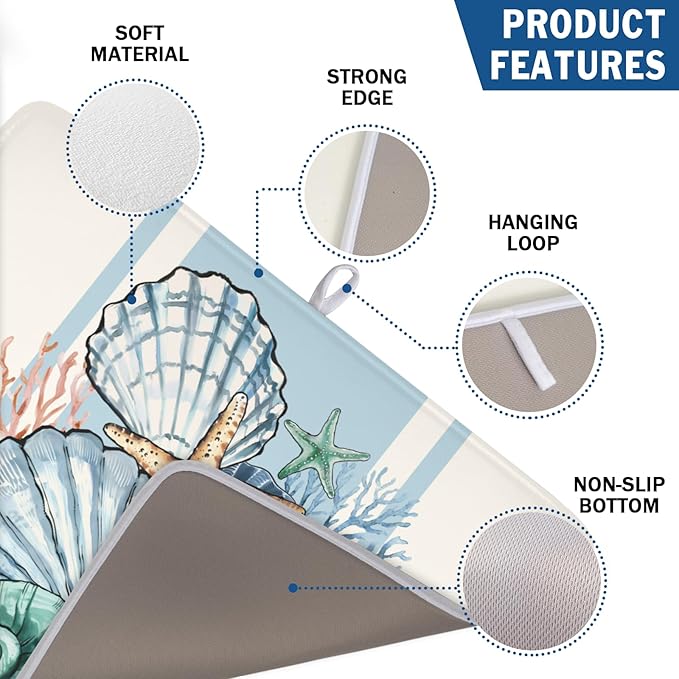 Summer Sea Shell Drying Mat 24x18 Inch, Starfish Drying Mat with Absorbent Reversible Microfiber, Coastal Dish Drainer Mats Holiday Ocean Rack Pad for Coffee Countertop Kitchen Protector
