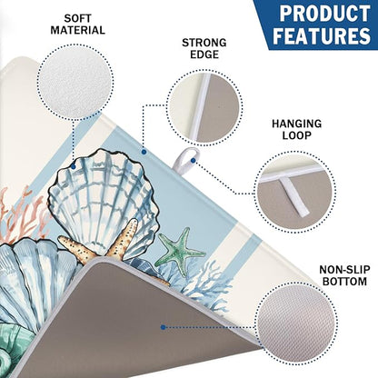Summer Sea Shell Drying Mat 24x18 Inch, Starfish Drying Mat with Absorbent Reversible Microfiber, Coastal Dish Drainer Mats Holiday Ocean Rack Pad for Coffee Countertop Kitchen Protector