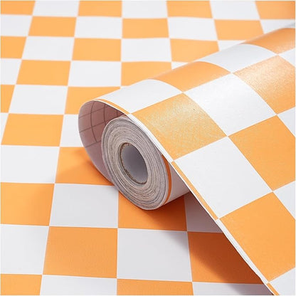 Modern Peel and Stick Wallpaper Orange and White Mosaic Checkered Contact Paper 17.7"x197" Self Adhesive Lattice Wallpaper Removable Decorative Wallpapers for Bedroom Countertops Cabinet Vinyl Roll