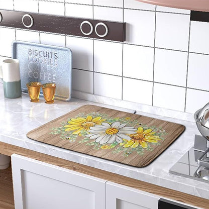 Rustic Daisy Floral Dish Drying Mat for Kitchen Counter Spring Summer Sunflower Dish Drying Mat Bee Absorbent Microfiber Dish Mat Reversible Dish Drainer Rack Mat 16x18 Inch