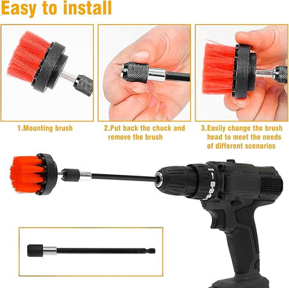 8 Pcs Drill Brush Attachment Set, Power Cleaning Scrub Brush Kit with Extend Long Attachment, All Purpose Drill Scrub Brushes for Car, Grout, Floor, Tub, Bathroom and Kitchen (red)