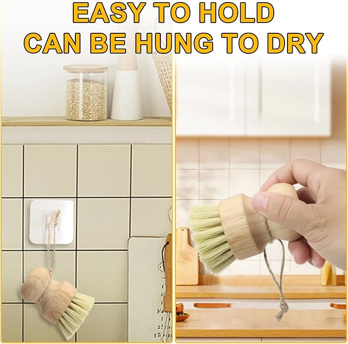 Bamboo Dish Brush,2PCS Wood Dishes Scrub Brush,Kitchen Dish Brush Natural Sisal Bristles with Hook for Cleaning Dishes,Sink, Cast Lron Pan/Pot