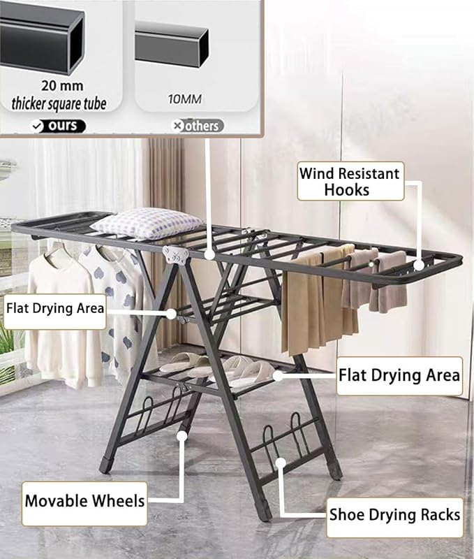 Mimiblack Clothes Drying Rack Foldable, 3 Tier Large Laundry Dryer Stand, Heavy Duty Metal Clothes Airer Dryer Rack with Wheels For Clothing& Bedding &Towels, Indoor & Outdoor Use, 70.8"L×17.7"W Gray