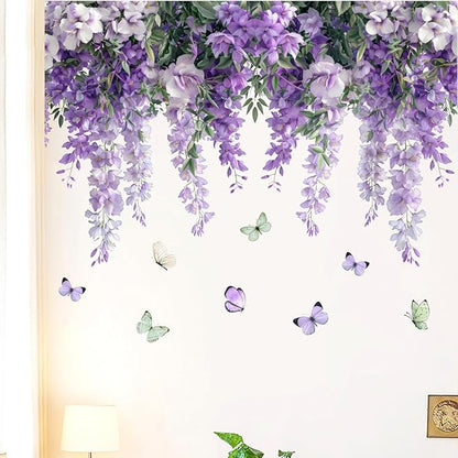 Purple Hanging Vine Wall Decals, Removable Wisteria Floral Vinyl Stickers, Flower Vine Butterfly Stickers Art Wallpaper for Home Clings Bathroom Bedroom Living Room Wall Corner Decor