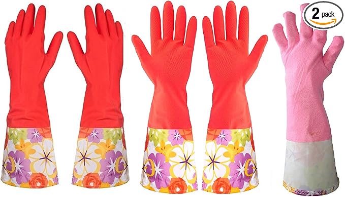 Kitchen Rubber Cleaning Gloves with Warm Lining Household Thickening PU Waterproof Dishwashing Latex Glove Large 2 Pairs
