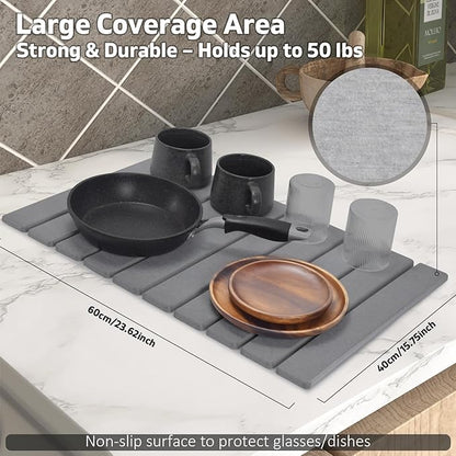 Stone Dish Drying Mat for Kitchen Counter – Collapsible 24"(L)×16 (W) Super Absorbent Diatomaceous Earth Dish Drying Mat, Grey Kitchen Counter Mats for Dishes ,Bottles, Cups, Match Any Countertop