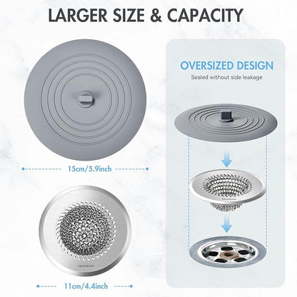 TRAPMATE Tub Stopper, Reversible Bathtub Drain Hair Catcher & Stopper, Ultra Revolutionary Bath Tub Drain Protector, Stainless Steel Hair Catcher & Silicone Stopper, 4.4" Drain Cover for Shower, Bath