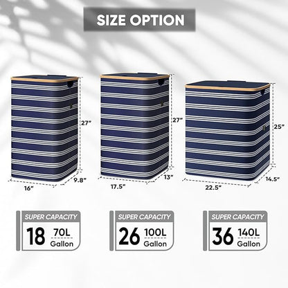 BALEINE Laundry Hamper with Lid, Tall Laundry Baskets with Bamboo Pull Handles, Large Laundry Bin with Internal Support (18 Gal/70L, Blue Pinstripe)
