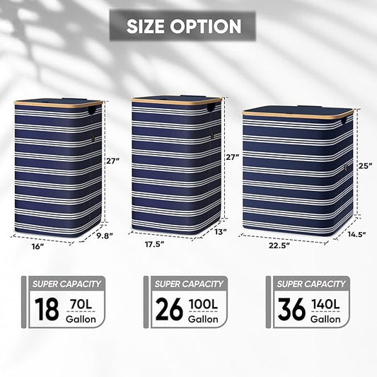 BALEINE Laundry Hamper with Lid, Tall Laundry Baskets with Bamboo Pull Handles, Large Laundry Bin with Internal Support (36 Gal/140L, Blue Pinstripe)