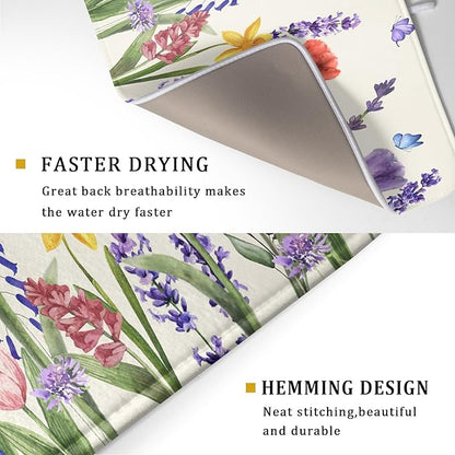 Spring Floral Dish Drying Mat for Kitchen Counter 18x24 Inch Spring Flowers Dish Drainer Rack Mats Absorbent Kitchen Drying Mat Botanical Floral Drainer Rack Mats for Kitchen Countertop Table Decor