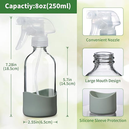 8oz Clear Glass Spray Bottles with Silicone Sleeve–Refillable Spray Bottles for Cleaning Solutions,Hair,Plants&Essential Oils–Leakproof,Adjustable Nozzle,Reusable,Eco-Friendly (1 Pack)