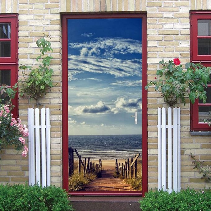 3D Door Stickers Murals Peel and Stick - Beach Road - Wallpaper Self-Adhesive Decals Removable PVC Waterproof Poster for Bedroom Living Room Decoration 30.3 x 78.7 inch