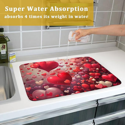 Valentines Day Dish Drying Mat for Kitchen Counter 24x18 Inch Red Heart Drying Mat with Absorbent Reversible Microfiber Holiday Love Dish Drainer Mats Rack Pad for Coffee Countertop Protector