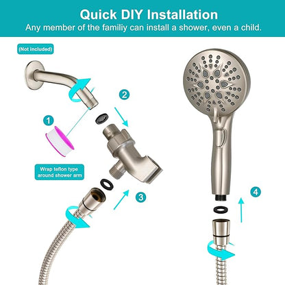 Handheld Shower Head with on off Switch&Built-in Power Spray,7-Setting High Pressure Shower Wand with 79in Long Hose&Bracket and Extra Adhesive Shower Holder for Lower Mount,Brushed Nickel