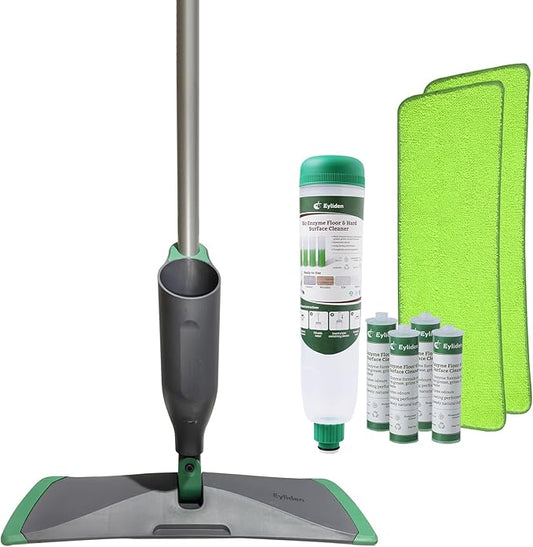 Eyliden Spray Mop with Bio-Enzyme Cleaner - Floor Mop for Hardwood, Tile & All Floors | Breaks Down Grease & Odors Naturally | 360° Swivel, 2 Washable Pads, 40ml Cleaner, Long-Lasting Freshness