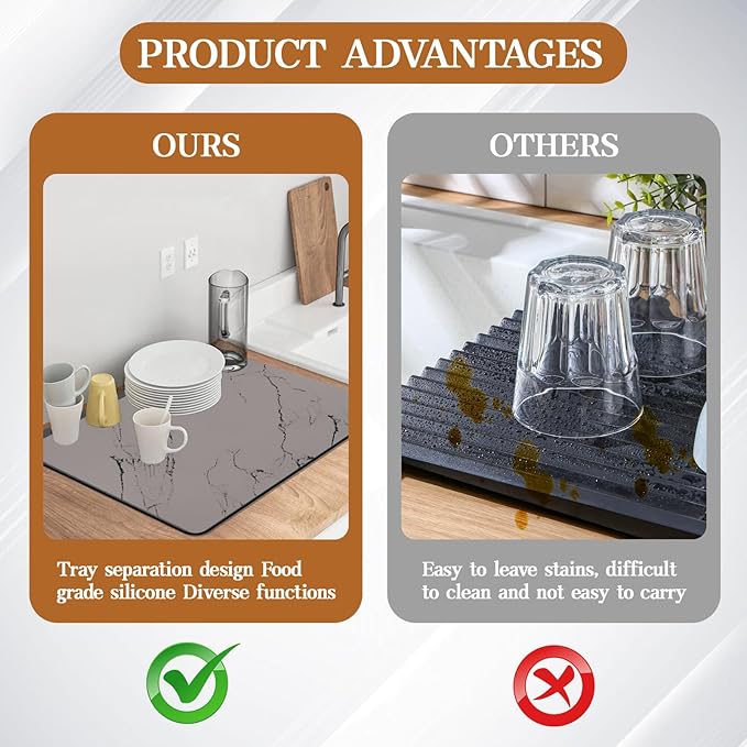 Dish Drying Mats for Kitchen Counter, 24"x16" Absorbent Coffee Bar Mat, Quick Dry Dish Rack Pad with Rubber Backed Non-Slip Marble Pattern Kitchen Counter Dish Draining Mat Easy to Clean (Gray)