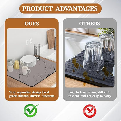 Dish Drying Mats for Kitchen Counter, 24"x16" Absorbent Coffee Bar Mat, Quick Dry Dish Rack Pad with Rubber Backed Non-Slip Marble Pattern Kitchen Counter Dish Draining Mat Easy to Clean (Gray)