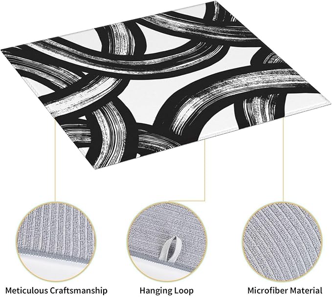 Black and White Abstract Curved Dish Drying Mats, Absorbent Microfiber Modern Drying Pad for Kitchen Counter, Washable Reversible Foldable, 16 x 18 Inch for Dishes, Sink, Utensils, Home Decor, Black