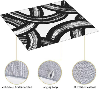 Black and White Abstract Curved Dish Drying Mats, Absorbent Microfiber Modern Drying Pad for Kitchen Counter, Washable Reversible Foldable, 16 x 18 Inch for Dishes, Sink, Utensils, Home Decor, Black