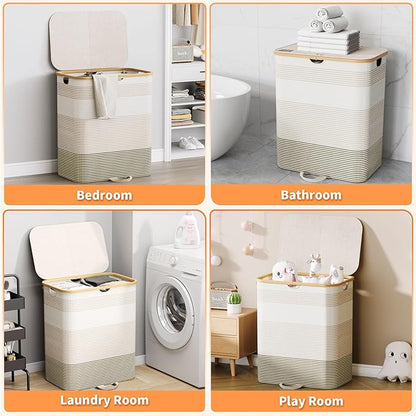 Double Laundry Hamper with Lid and Removable Bags, 150L Large Collapsible 2 Dividers Dirty Clothes Basket with Handles, Beige Double Laundry Basket Organizer for Bedroom,Laundry Room,College