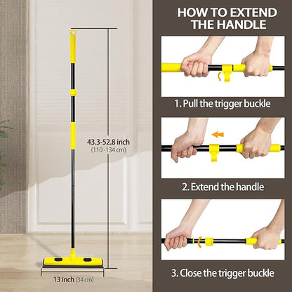 Rubber Broom with Squeegee, Pet Hair Removal 52.8 inches Long Handle, Push Fur Remover Tool with Portable Detailing Lint Brush for Fluff Carpet, Window, Tile, Hardwood Floor Cleaning (Yellow)