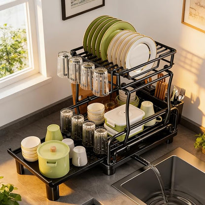 Large 2-Tier Expandable Dish Drying Rack, Heavy Duty Kitchen Countertop Dish Drainer Organizer with Utensil Holder, Extendable Space Saving Plate Storage Rack for Kitchen Sink Counter, Black