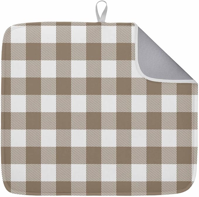 Dish Drying Mat Light Brown Buffalo Check Plaid Drying Mats for Kitchen Counter Farmhouse Style Absorbent Microfiber Dish Drainer Quick Drying Coffee Mat with Hanging Loop, 18 x24 inch