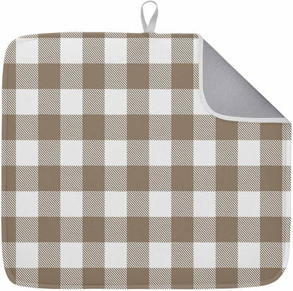 Dish Drying Mat Light Brown Buffalo Check Plaid Drying Mats for Kitchen Counter Farmhouse Style Absorbent Microfiber Dish Drainer Quick Drying Coffee Mat with Hanging Loop, 18 x24 inch