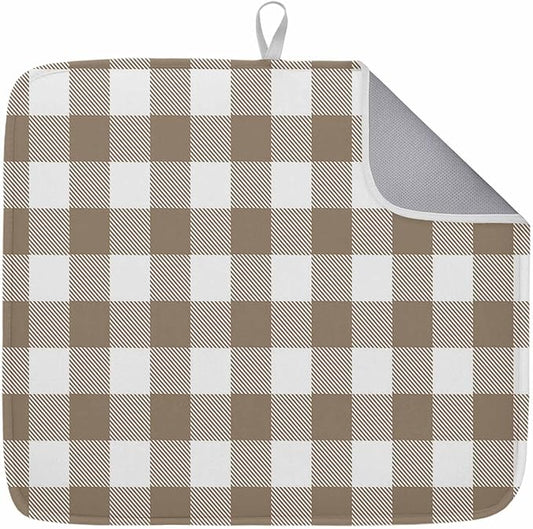 Dish Drying Mat Light Brown Buffalo Check Plaid Drying Mats for Kitchen Counter Farmhouse Style Absorbent Microfiber Dish Drainer Quick Drying Coffee Mat with Hanging Loop, 18 x24 inch