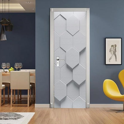 A.Monamour 3D Door Stickers for Interior Doors White Hexagon Geometric Pattern Vinyl Waterproof Self Adhesive Door Mural Decals for Bedroom Office Bathroom 95x215cm