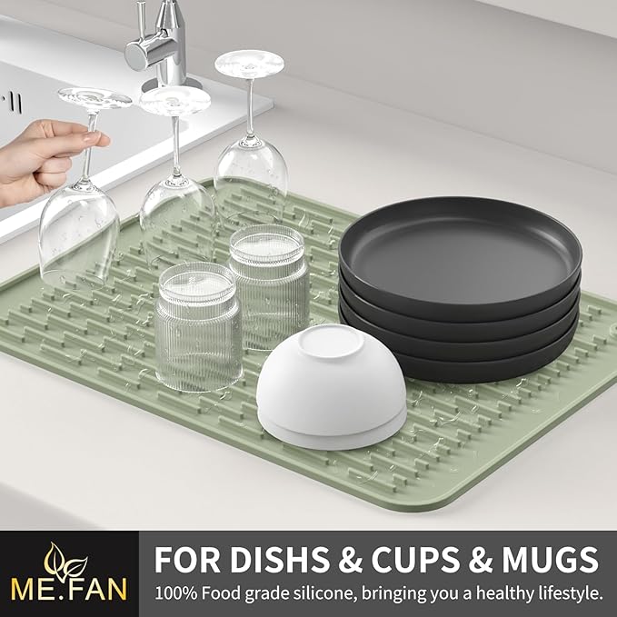 ME.FAN Silicone Dish Drying Mat for Kitchen Counter, Dish Drying Pad for Sink, Refrigerator or Drawer, Countertop Protection Pad S - 12'' x 8'' - Desert Sage
