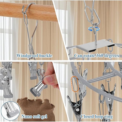 3 Pack Stainless Steel Foldable Round Hanging Drying Rack with 24 Clips, Swivel Hook Wind-Proof Clothes Hanger, Clothes Drying Rack for Laundry, Sock, Bras, Underwear, Laundry Accessories