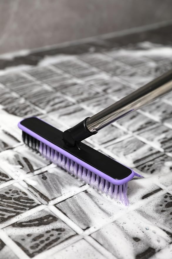 Grout Cleaner Brush with Long Handle, V-Shaped Floor Scrub Brush Swivel Grout Brush Stiff Bristle Floor Grout Scrubber for Bathroom, Tile Line, Crevice, Kitchen, Wall, Deck, Garage (Purple)