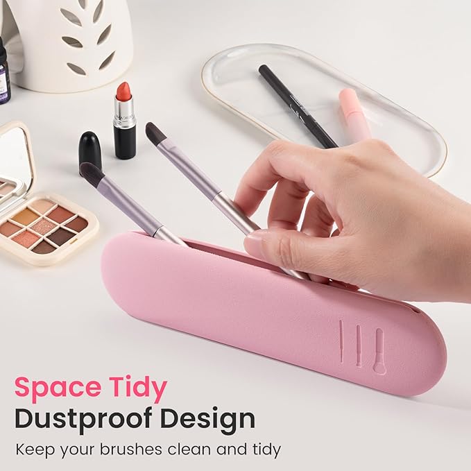 Travel Makeup Brush Holder, Silicon Trendy and Portable Cosmetic Face Brushes Holder, Make Up Organizer Bag Case, Cosmetic pouch,Toiletry Organizer (Pink)