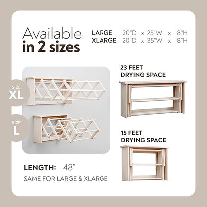 Pennsylvania Woodworks Large Wall Clothes Drying Rack ~ Heavy Duty Solid Maple Hardwood, Folding, Collapses to 25" x 20" x 8", Hand Built in USA, Unfinished