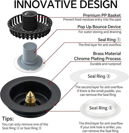 Kitchen Sink Stopper, 3 in 1 Pop Up Kitchen Sink Drain Strainer, with an Extra Basket Strainer, Sink Drain Stopper for US Standard 3-1/2 Inch, Brass Material Electroplate (Black 2pcs)