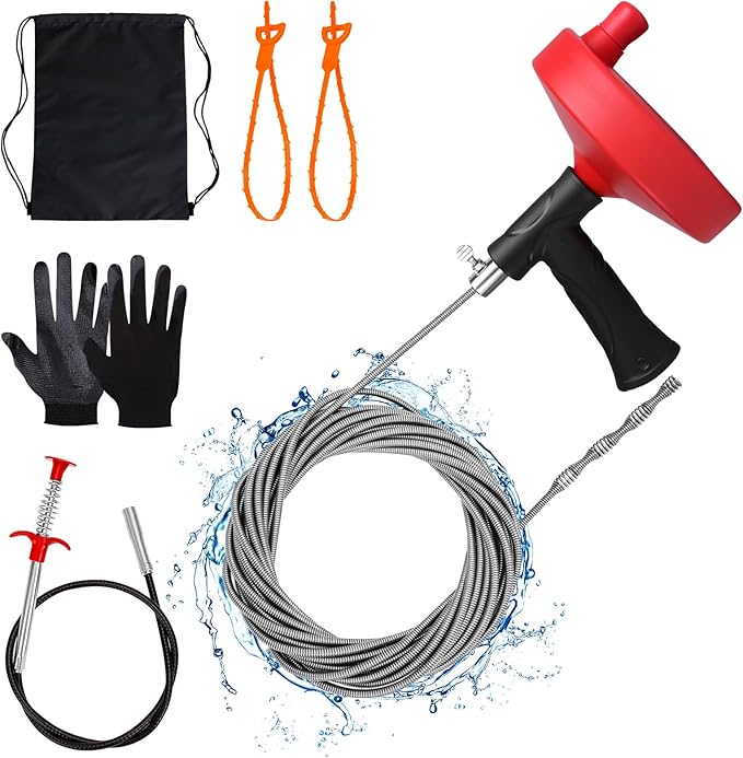 Drain Auger 33 ft, Plumbing Snake Hair Clog Remover Drain Snake Flexible Grabber Heavy Duty Sink Cleaner Tools for Shower Bathtub Bathroom Kitchen Pipe, Red