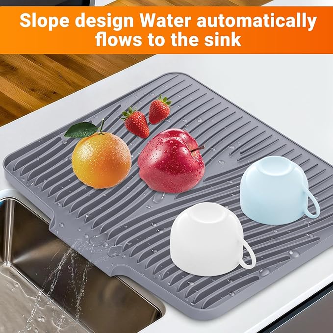 Silicone Dish Drying Mat for Kitchen Counter, Non-Slip Drain Pad, Dish Drying Pad, Easy to Clean Dish Rack Pad, Multi-Use as Heat Resistant Trivet, 19.7" x 17" , Grey