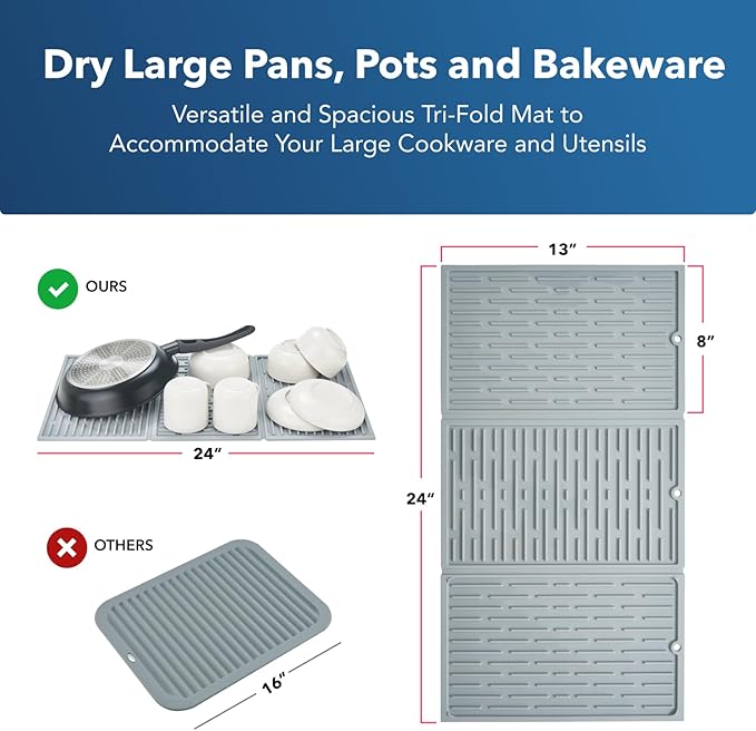 BTH 24" Extra Wide Foldable Dish Drying Mat for Kitchen Countertop, Made In Korea, Heat-resistant Premium Non-slip Silicone Mat, Large Dish Drainer Mat, Compact Folding Sink Liner Dishwasher Safe