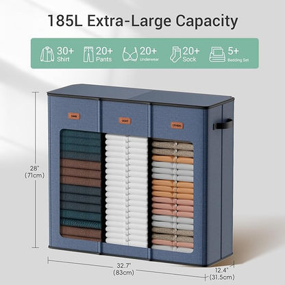 185L Laundry Hamper 3 Section with Lid, Navy Blue 3 Compartment Laundry hamper with 3 Removable Laundry Bags, Large Laundry Basket for Bedroom, Laundry Room, Dorm,