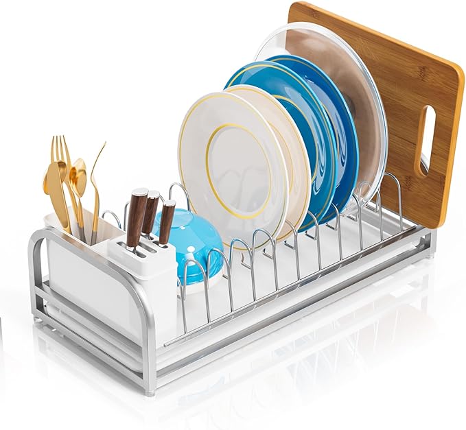 Dish Drying Rack for Small Kitchen Counter, 304 Stainless Steel Small Dish Rack w Utensil Holder & Tray for Limited Space, Rustproof Narrow Dish Rack for Pot & Pan, Plate, Lid (Silvery)