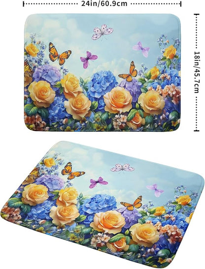 Spring Blue Yellow Hydrangeas Flowers Dish Drying Mat for Kitchen Counter,Colorful Butterflies Flying Drying Mat 18 x 24 Inch with High Absorbent Microfiber Drainer Mat for Coffee Bar