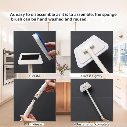 Tub Tile Scrubber Cleaning Brush, Sponge on a Stick for Cleaning Adjustable Long Handled Scrub Brush with 21.7'' Handle for Cleaning Shower Bathroom Vessel Sinks Toilet Wall Floor Black