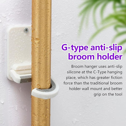 Broom and Mop Holder Wall Mount, Heavy Duty Screw Drilling Gripper Rack Supports up to 10 lb for Kitchen, Laundry Room, Garage, and Garden Storag (4, White)