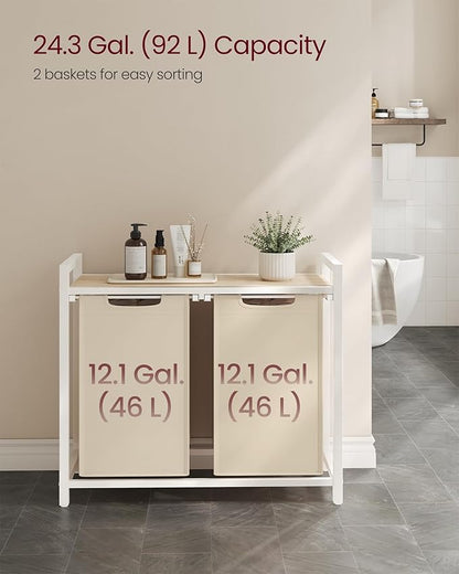 VASAGLE Laundry Hamper, Laundry Basket Sorter with 2 Pull-Out and Removable Bags, Shelf, Metal Frame, 2 x 12.1 Gallons (46 L), 28.8 x 13 x 28.4 Inches, Cappuccino Beige and Natural Beige UBLH201LH01